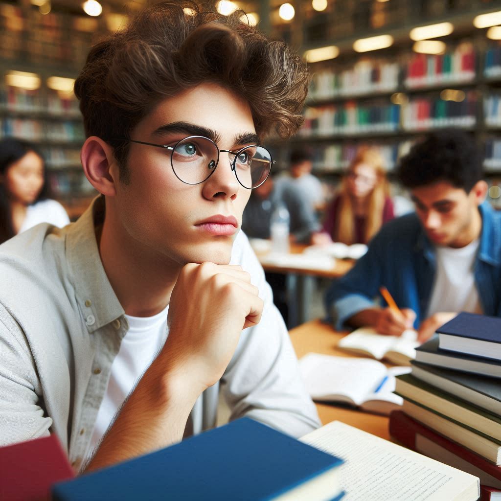 A male college student holding his jaw and thinking